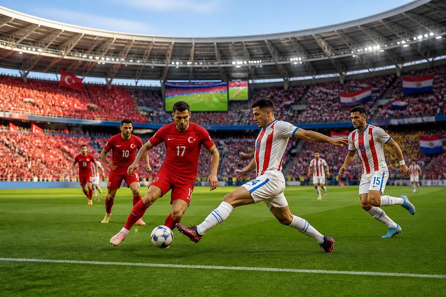 Türkiye ve Paraguay takımları arasında bir Dünya Kupası maçında, kalabalık bir stadyumda futbolcular sahada mücadele ediyor.