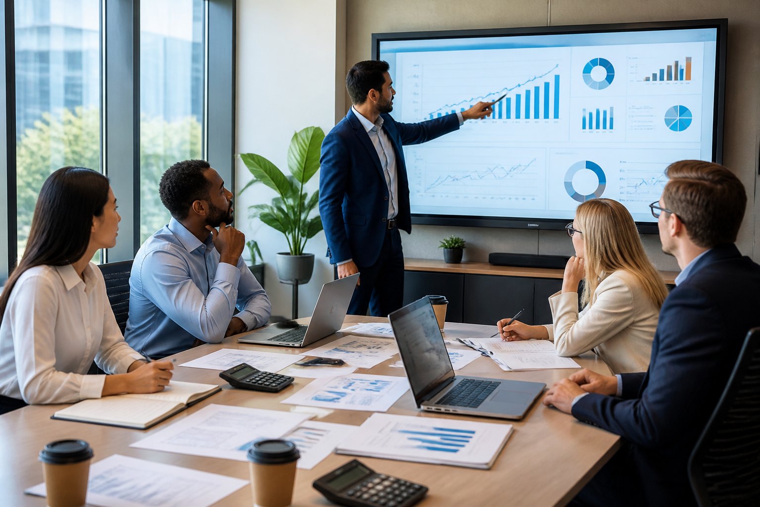 A group of business professionals collaborating around a conference table with laptops and charts, discussing financial data displayed on a large screen.