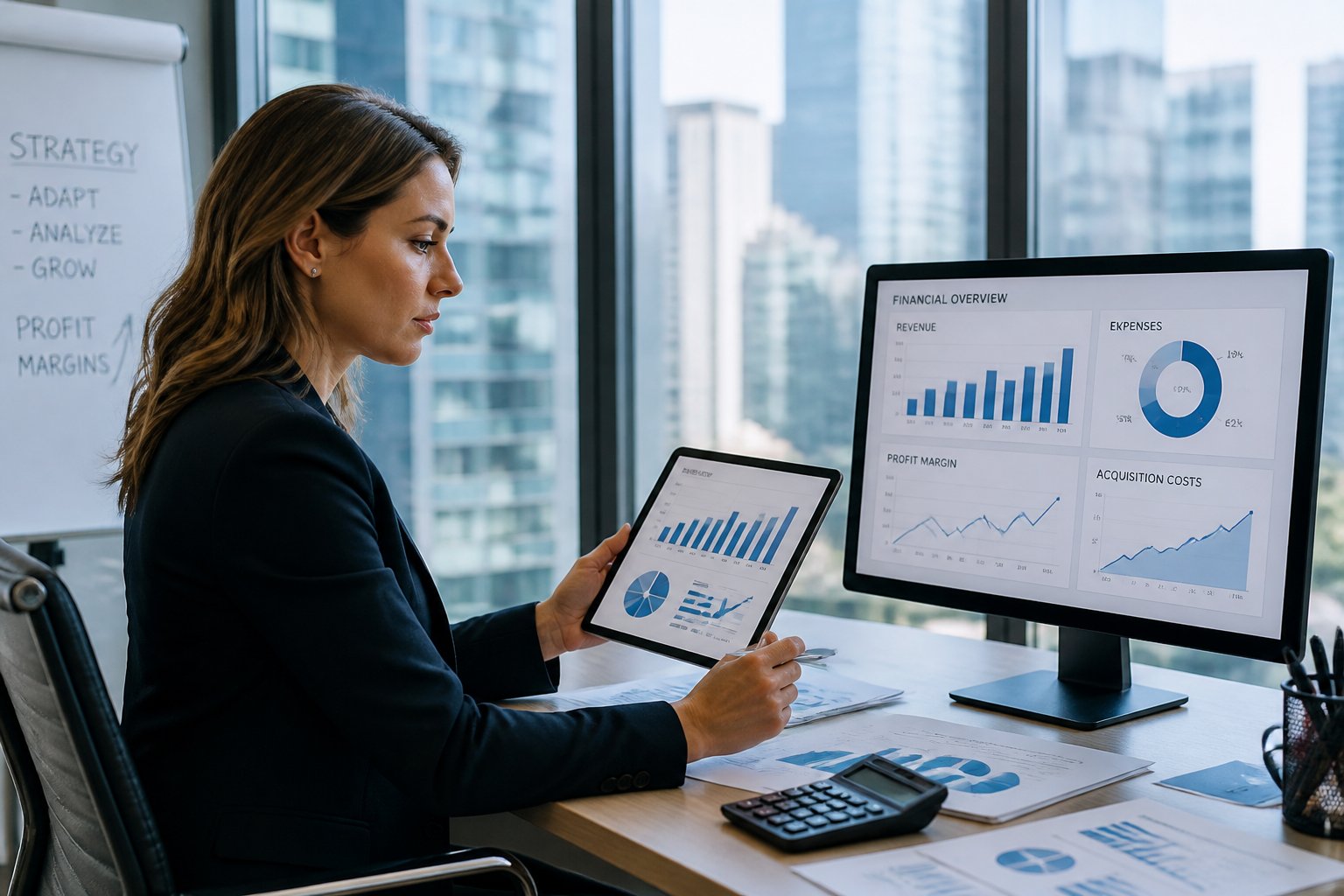 A businesswoman in an office reviewing financial charts on a tablet and computer, focused on managing costs.