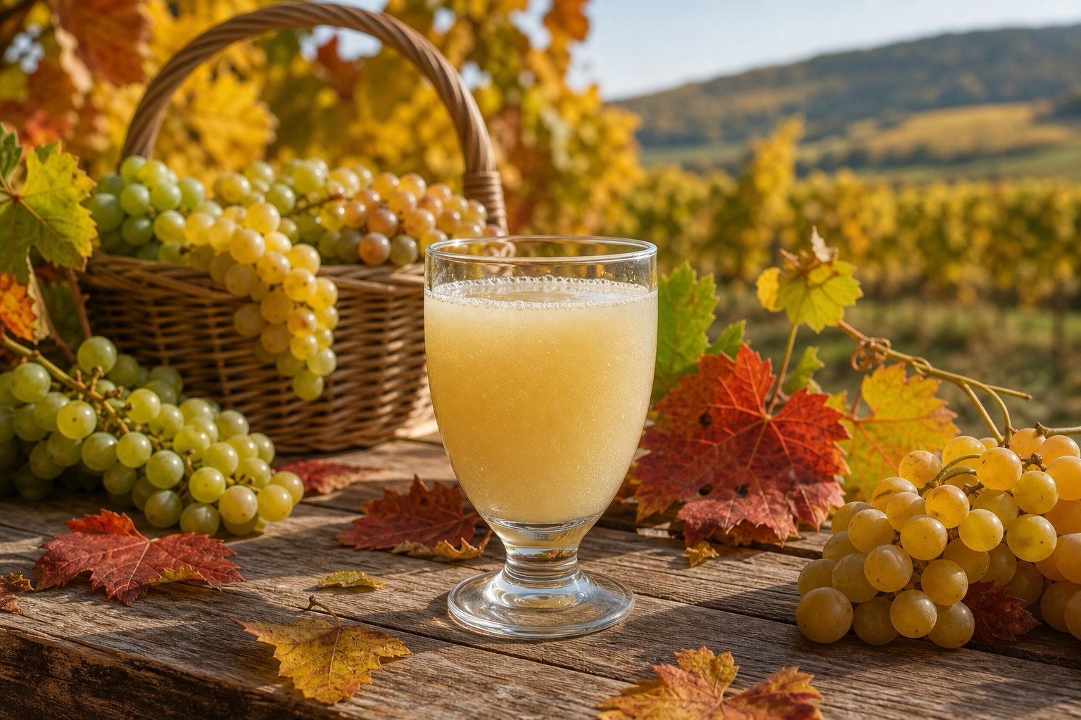 Ein Glas Federweißer auf einem Holztisch mit Trauben und herbstlichen Blättern, im Hintergrund ein Weinberg unter einem herbstlichen Himmel.