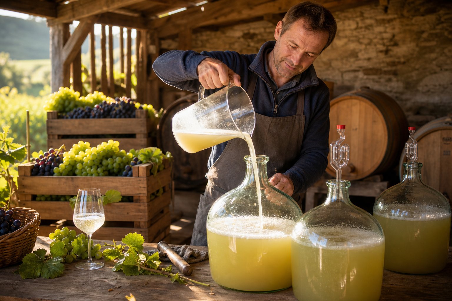 Winzer gießt frisch gepressten Traubensaft in Glasgefäße zur Herstellung von Federweißer in einem Weinkeller mit Trauben und Holzfässern.