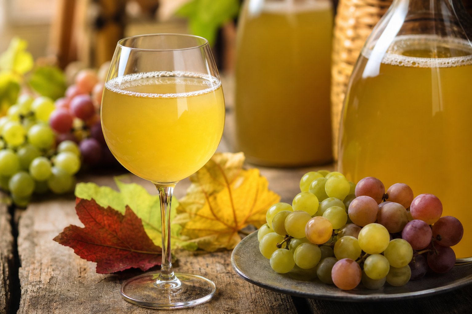 Ein Glas Federweißer auf einem Holztisch mit frischen Trauben und herbstlichen Blättern, im Hintergrund unscharfe Flaschen.