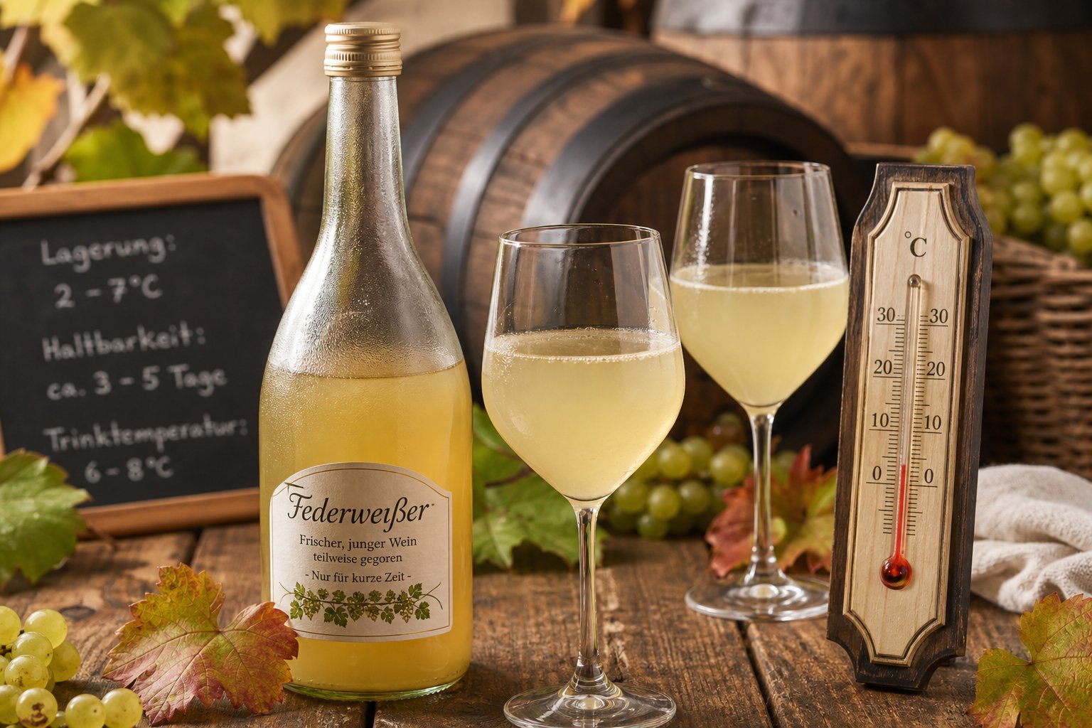 Eine Flasche Federweißer mit zwei Gläsern auf einem Holztisch, umgeben von Trauben und Weinblatt, mit einem Weinthermometer daneben.