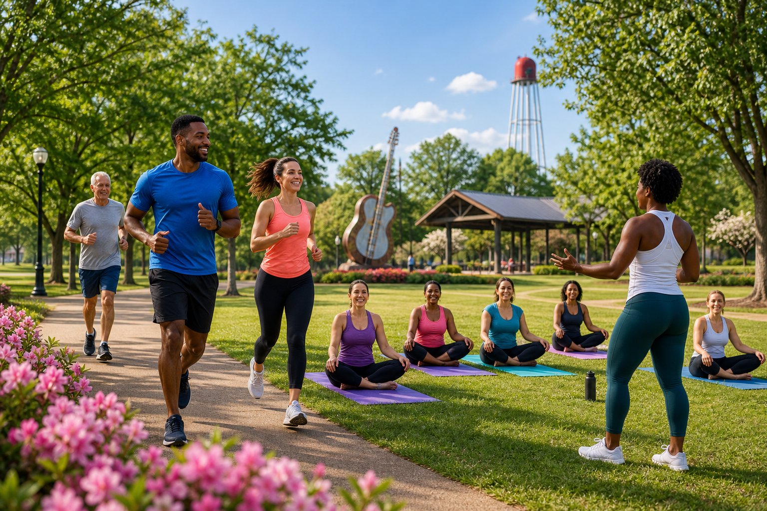 People exercising outdoors in a park with trees and flowers on a sunny day.