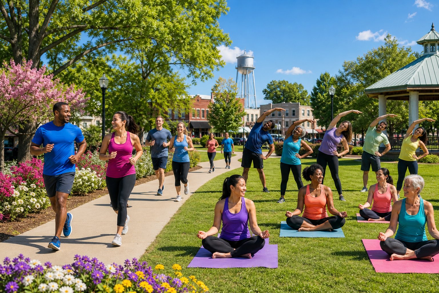 People of various ages exercising outdoors in a green park with trees and a clear sky, jogging, doing yoga, and stretching together.