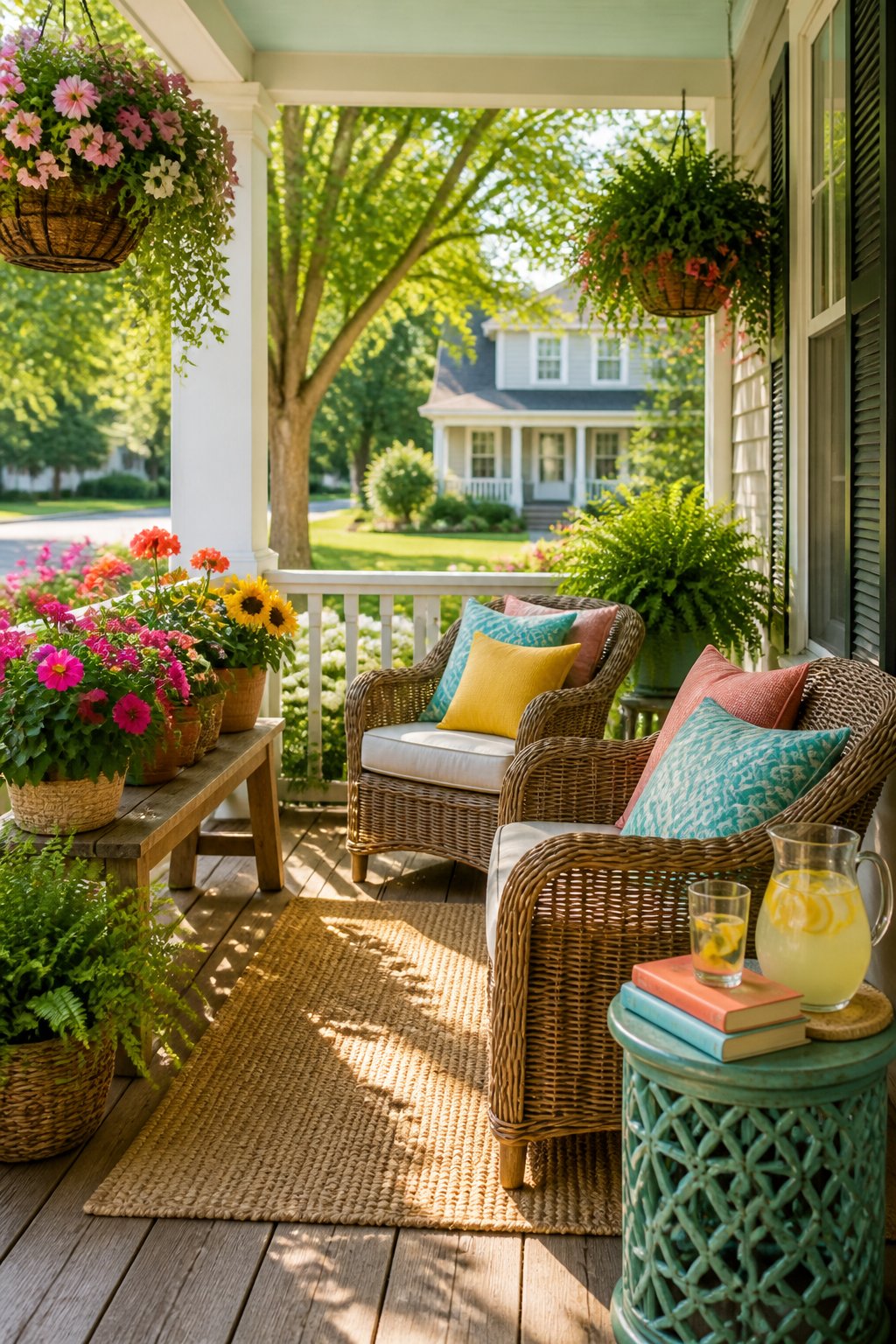 Front porch decorated with colorful cushions, blooming flowers, and outdoor furniture on a sunny summer day.