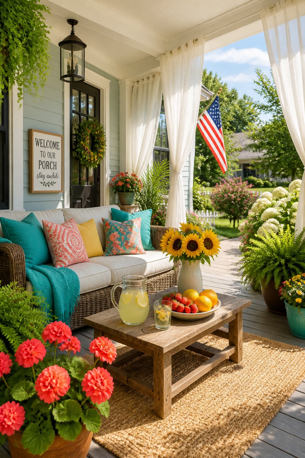 A front porch decorated with colorful cushions, potted plants, summer flowers, and a table with lemonade and fruit.