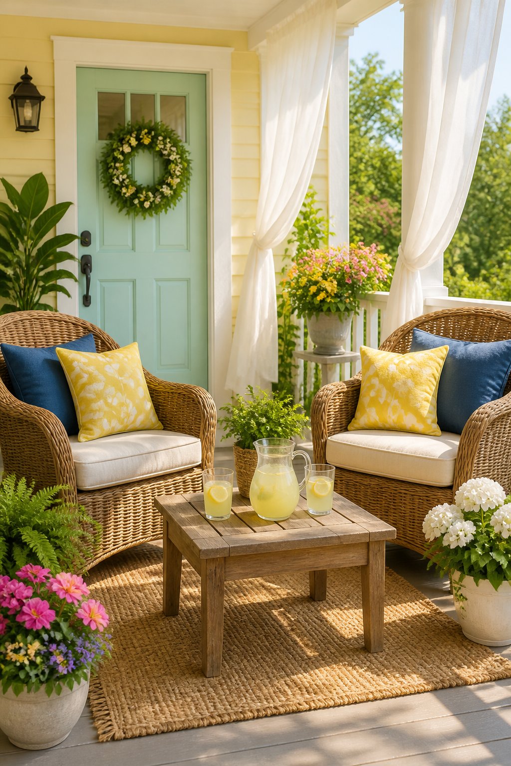 A front porch with two wicker armchairs, a small wooden table with lemonade, potted plants, and a pastel-colored door in soft sunlight.