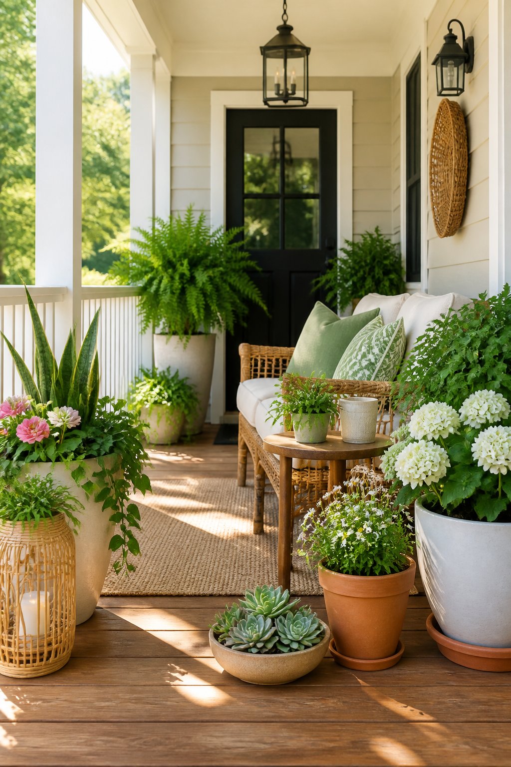 A front porch decorated with green plants in various planters and a cozy seating area, bathed in natural sunlight.