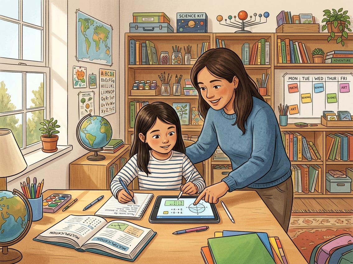 A child studying at a desk with a parent guiding them in a bright, organized home learning space filled with books and educational materials.