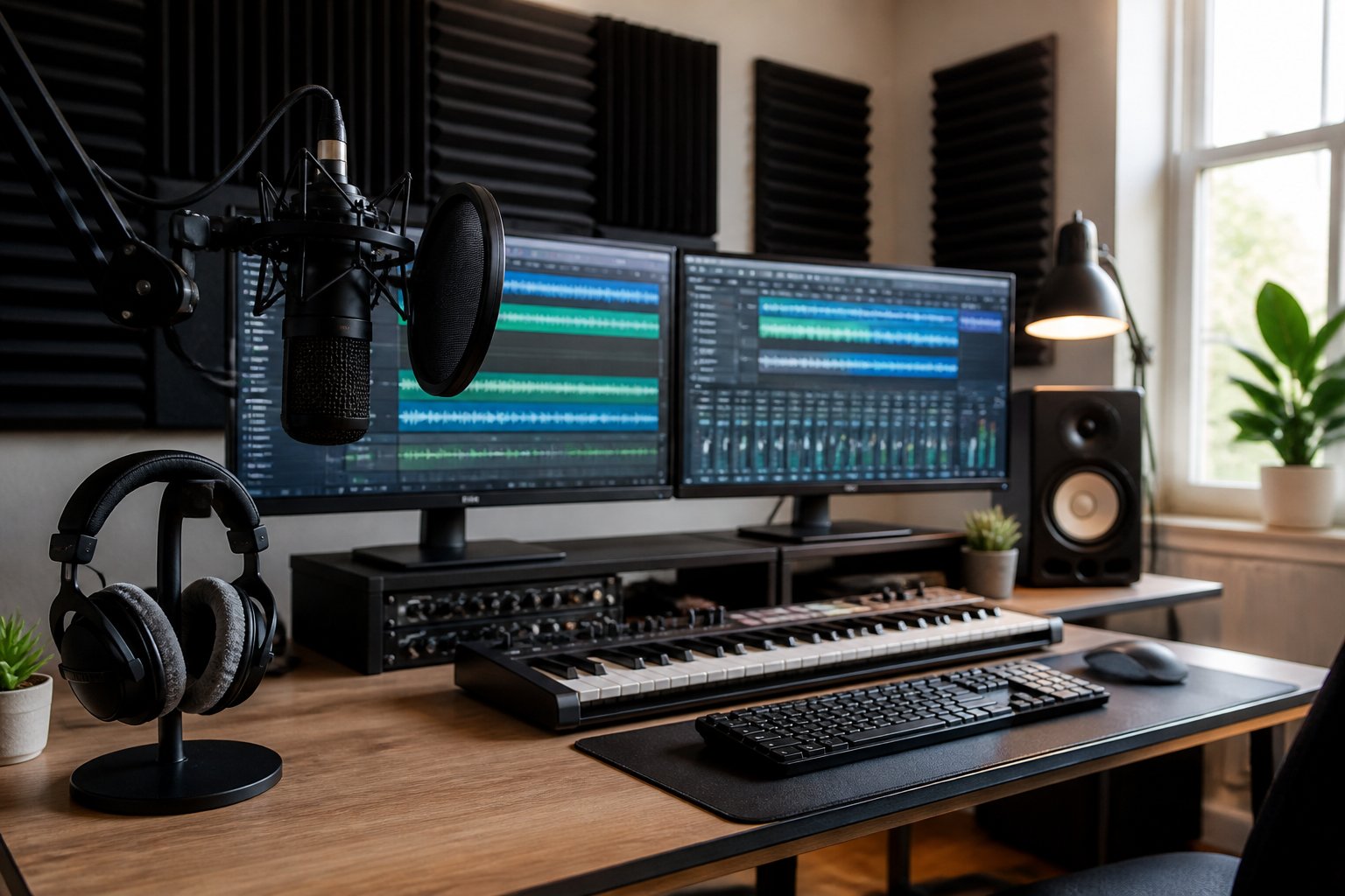 Un estudio en casa con equipo de grabación y edición de audio, incluyendo micrófono, monitores y teclado MIDI.