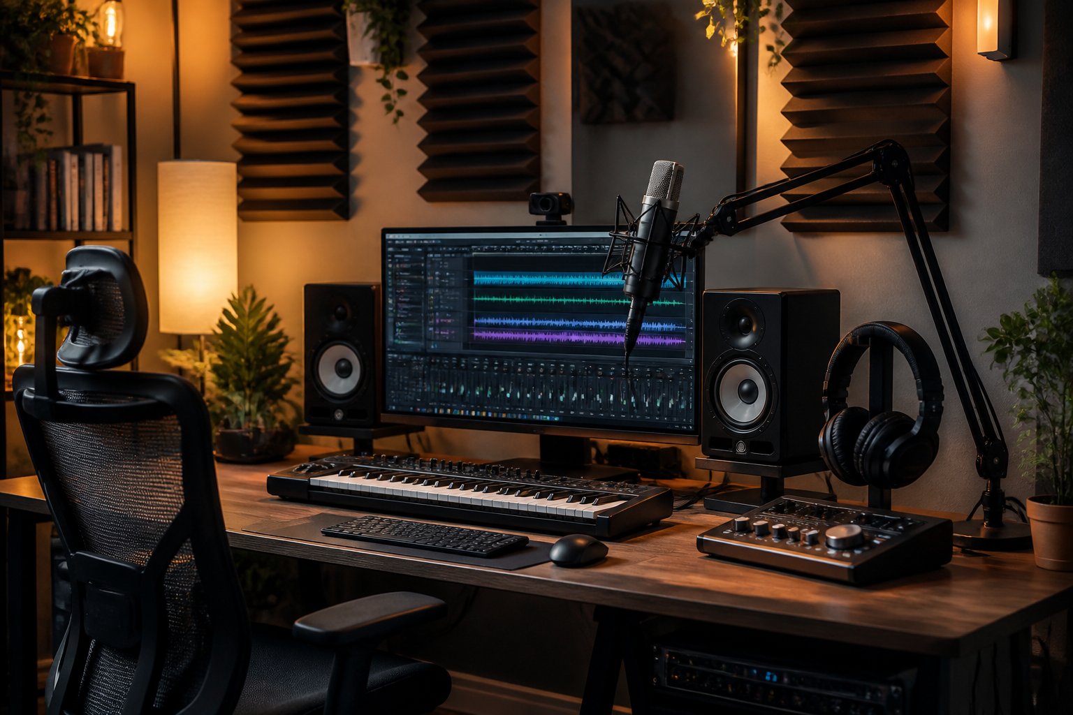 Un estudio en casa bien organizado con equipo de grabación y producción musical, incluyendo micrófono, auriculares, teclado MIDI y paneles acústicos.