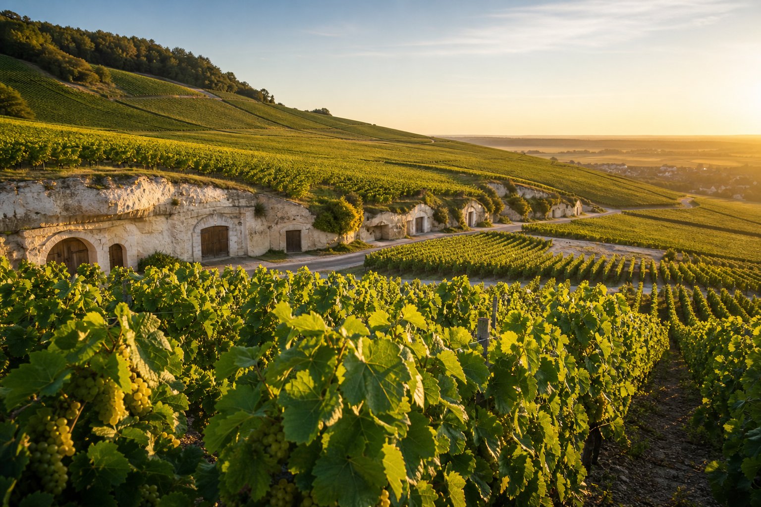Panoramablick auf Weinberge in der Champagne mit sanften Hügeln, reifen Trauben und traditionellen Weinkellern im Hintergrund.