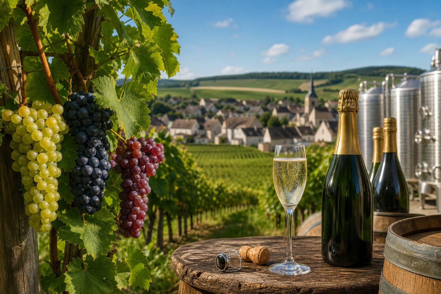Weinberg in der Champagne mit reifen Trauben, Weinproduktionsutensilien und einem Glas Sekt auf einem Holztisch vor einer Landschaft mit Hügeln und Dorf.