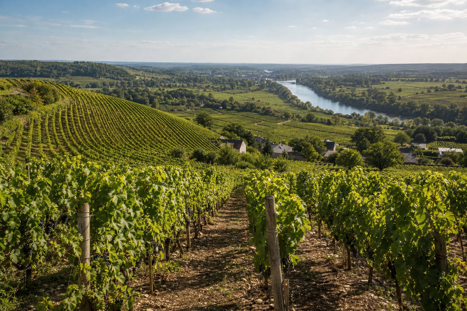 Weinberge mit verschiedenen Rebsorten auf hügeligem Gelände in der Loire-Region, im Hintergrund ein Fluss und ländliche Gebäude.