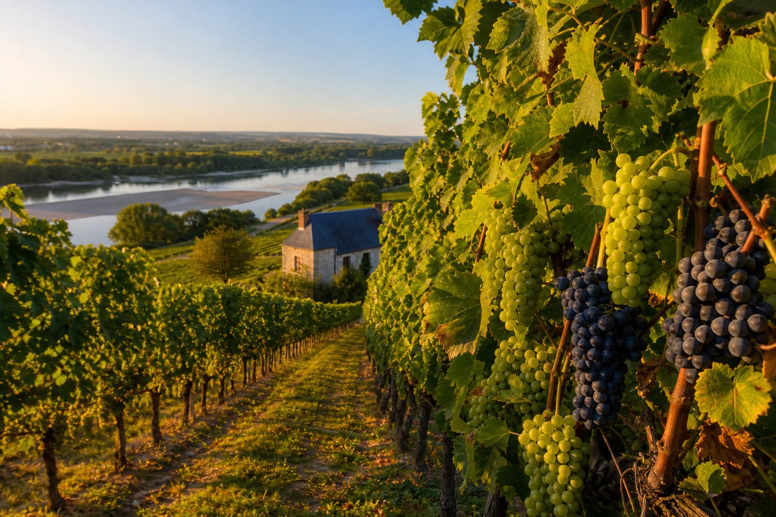 Weinberg in der Loire-Region mit grünen Reben und reifen Trauben, einem Fluss und einem Steinhaus im Hintergrund.