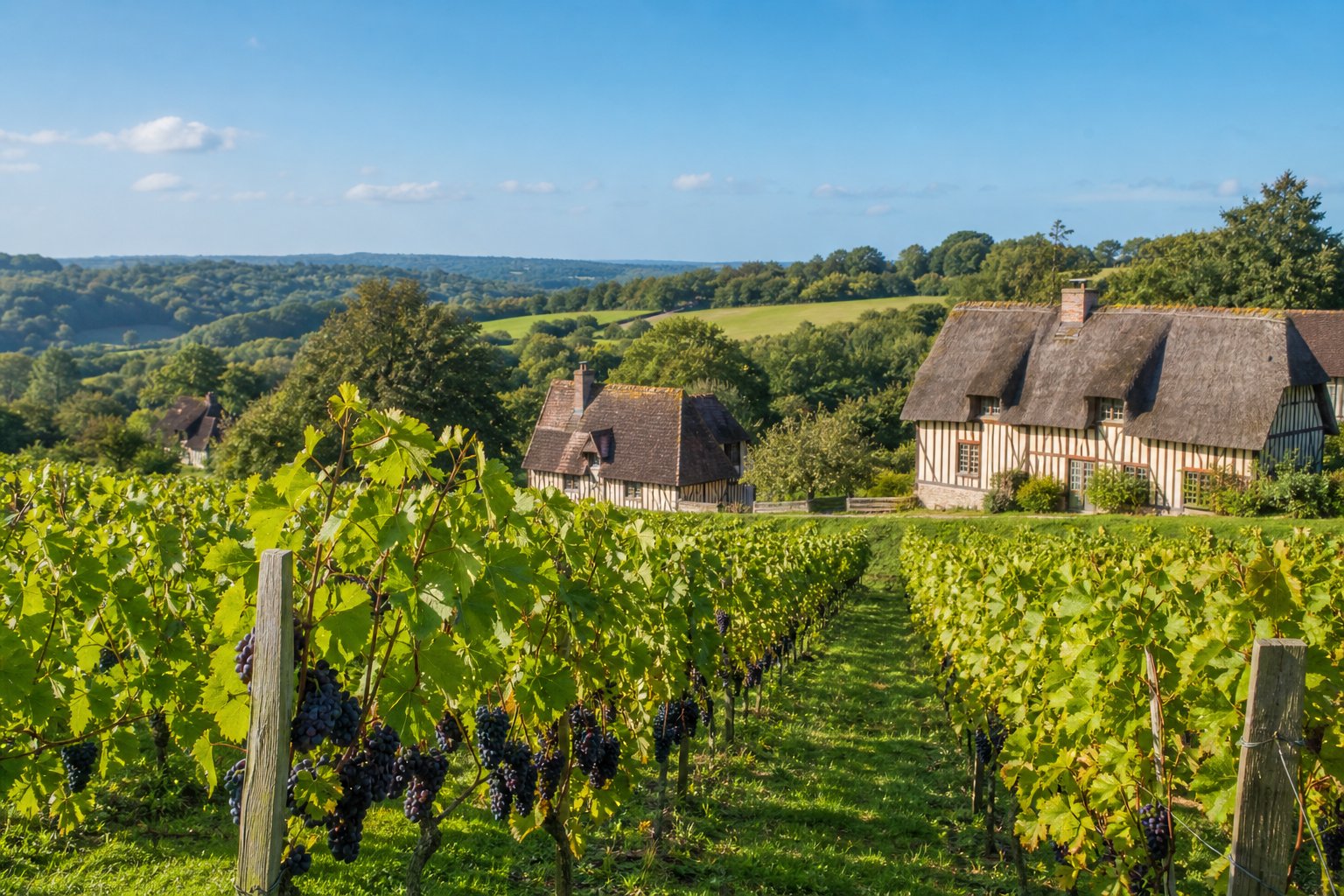 Weinberge mit grünen Reben auf sanften Hügeln und traditionellen Fachwerkhäusern im Hintergrund in der Normandie.