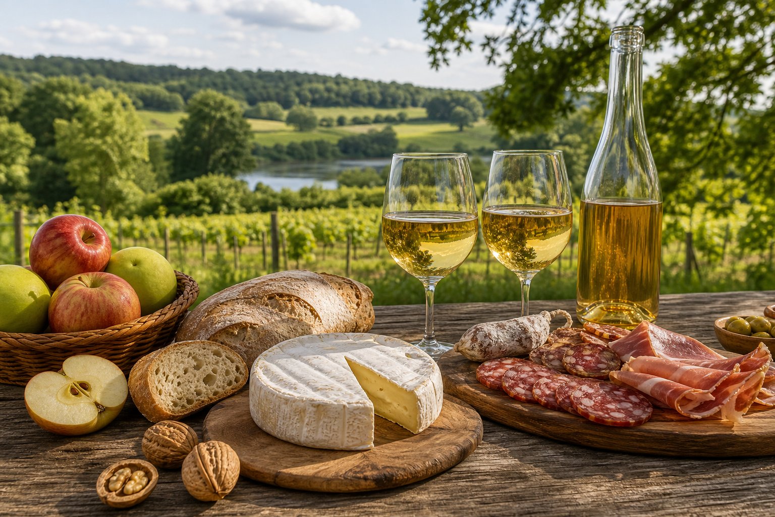 Ein gedeckter Holztisch im Grünen mit regionalen Spezialitäten aus der Normandie, darunter Käse, Äpfel, Brot und ein Glas Apfelwein, vor einer Weinberglandschaft.