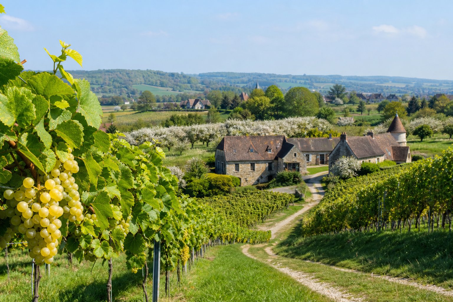 Weinberge in der Normandie mit grünen Reben, einem gewundenen Weg und traditionellen Bauernhäusern im Hintergrund.