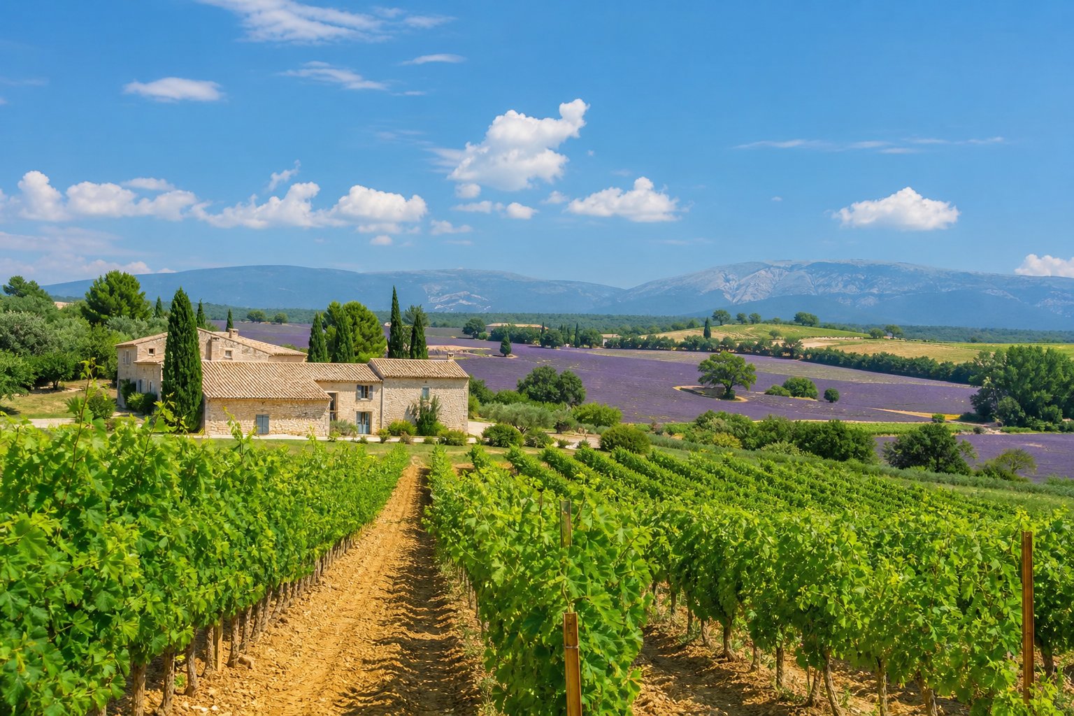 Landschaft der Weinregion Provence mit Weinbergen, sanften Hügeln, Lavendelfeldern und traditionellen Steinhäusern unter blauem Himmel.