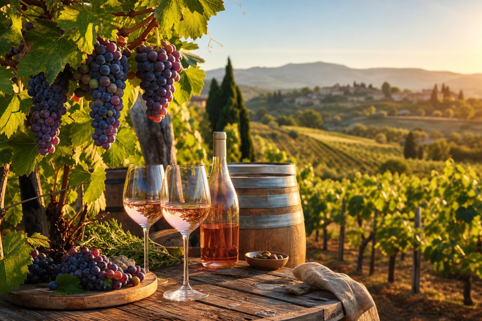Weinberg in der Provence mit reifen Trauben an den Reben, sanften Hügeln und einem Tisch mit Weingläsern und Holzfässern im Vordergrund.