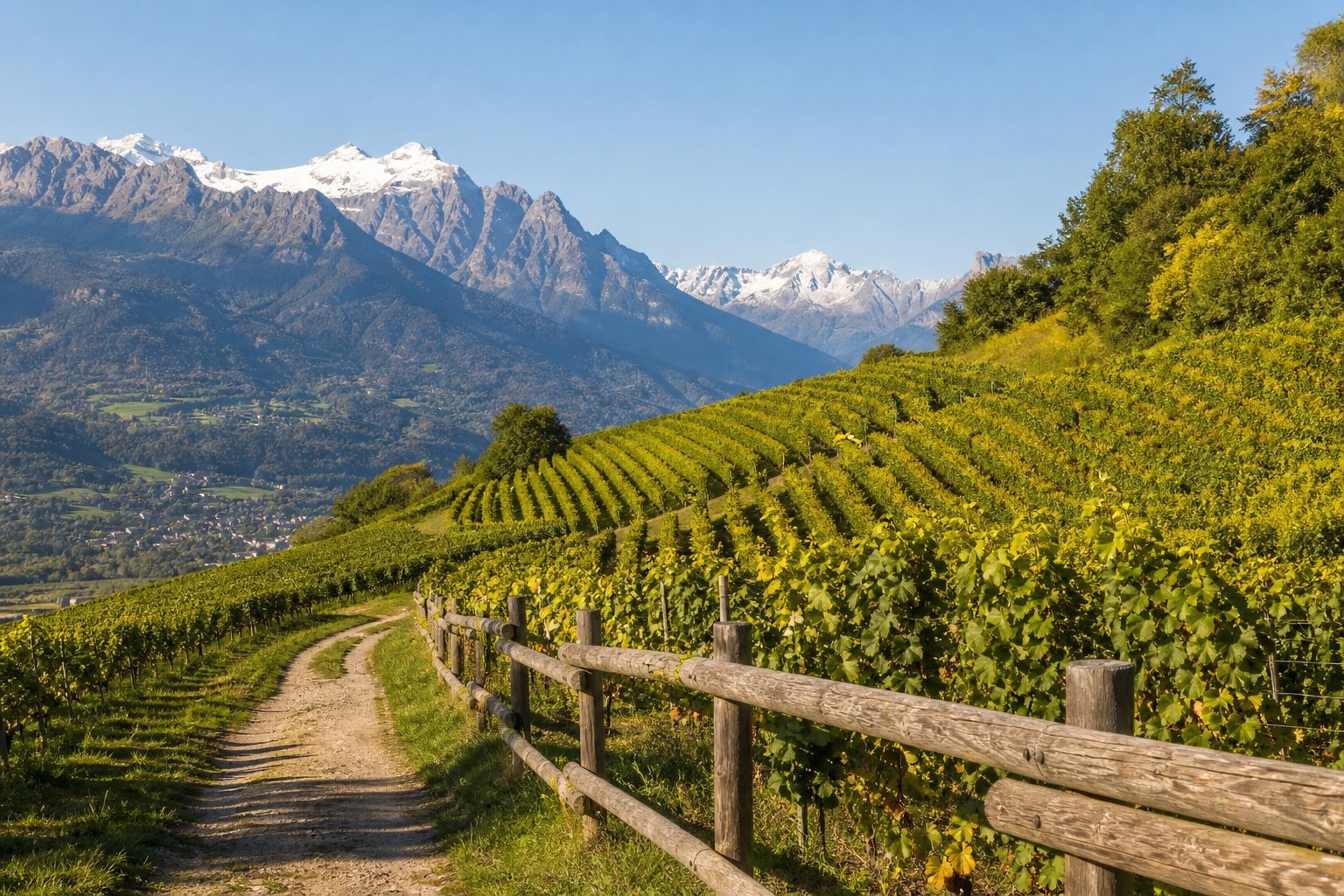 Weinberge in der Region Savoie mit grünen Reben, einem Holzzaun und schneebedeckten Alpen im Hintergrund.
