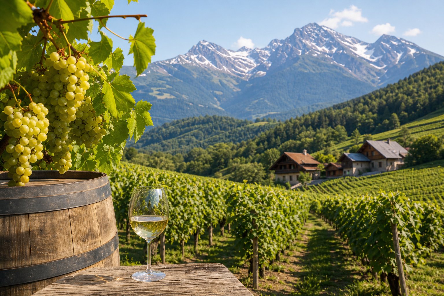 Weinberg in der Region Savoie mit Reben, Trauben, einem Weinfass und einem Glas Weißwein vor den Alpen.
