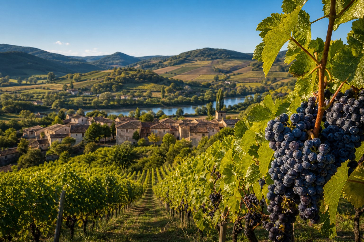 Panoramablick auf Weinberge in Südwest-Frankreich mit sanften Hügeln, Reben, einem kleinen Dorf und einem Fluss im Hintergrund.