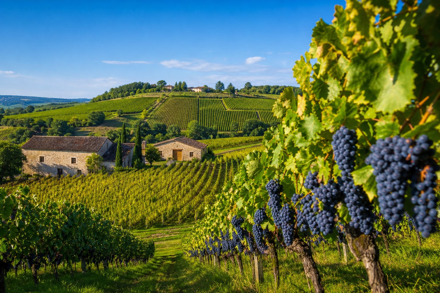Weinberge mit reifen Trauben und traditionellen Bauernhäusern in einer hügeligen Landschaft in Südwest-Frankreich.