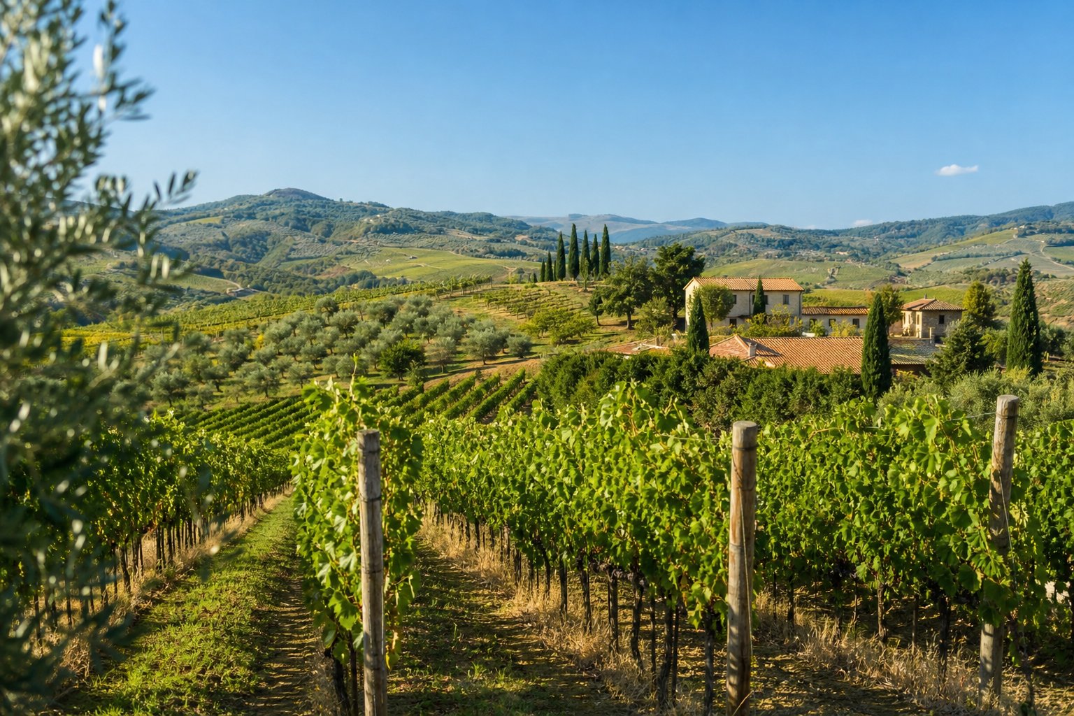 Weitläufige Weinberge mit grünen Reben und Hügeln im Hintergrund in der Weinregion Abruzzen.