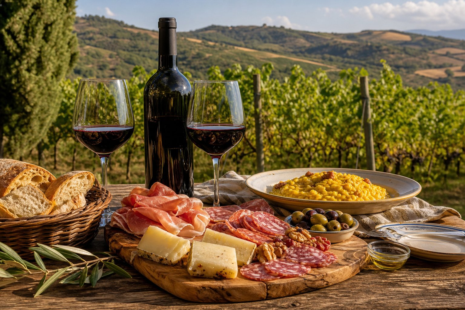 Ein gedeckter Holztisch mit traditionellen Speisen und Wein in einem Weinberg der Abruzzen, umgeben von sanften Hügeln und Reben.