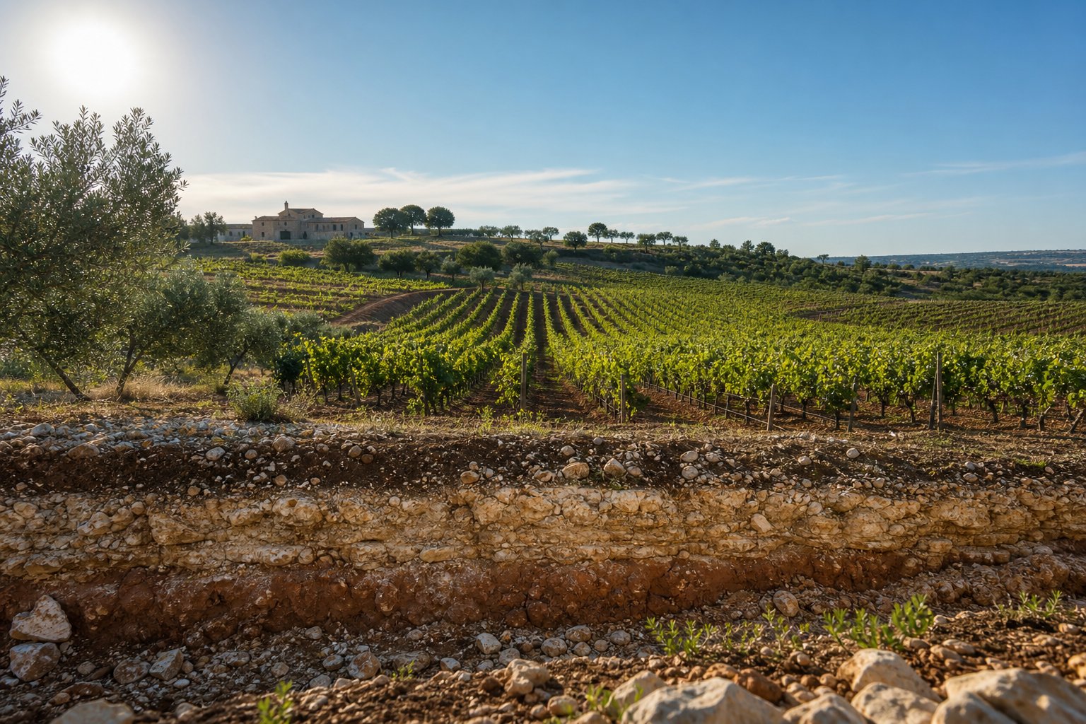Weinberg in Apulien mit Reihen von Weinreben, hügeligem Gelände und klarem Himmel.
