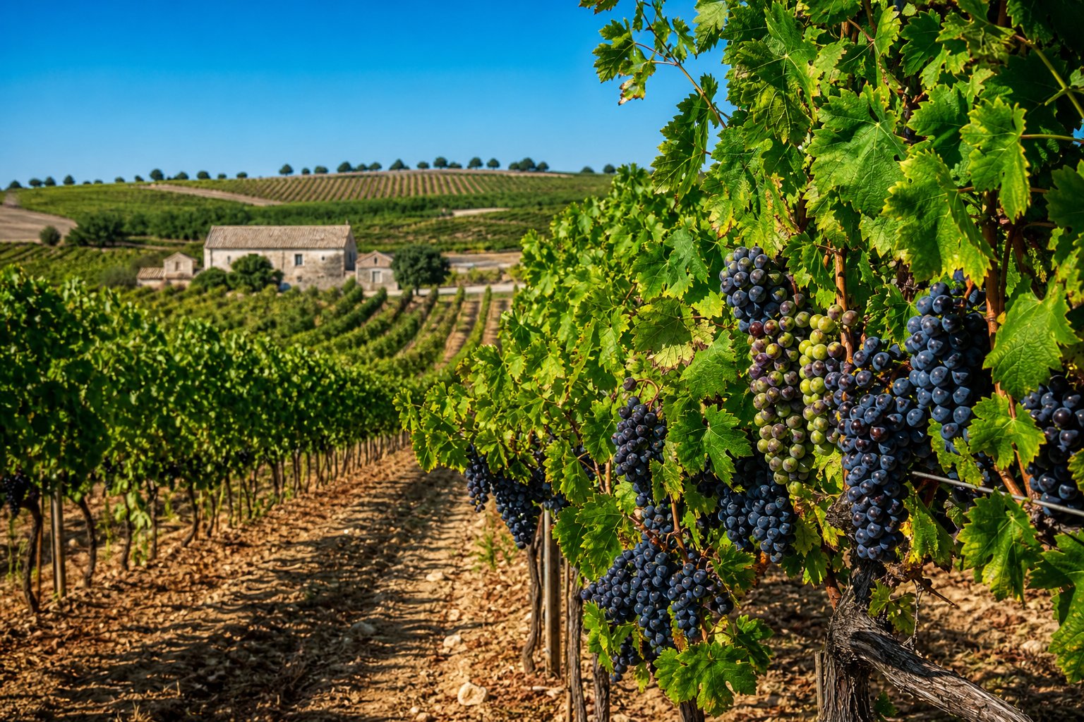Weinberg in Apulien mit reifen Trauben, Hügeln und traditionellen Bauernhäusern im Hintergrund.
