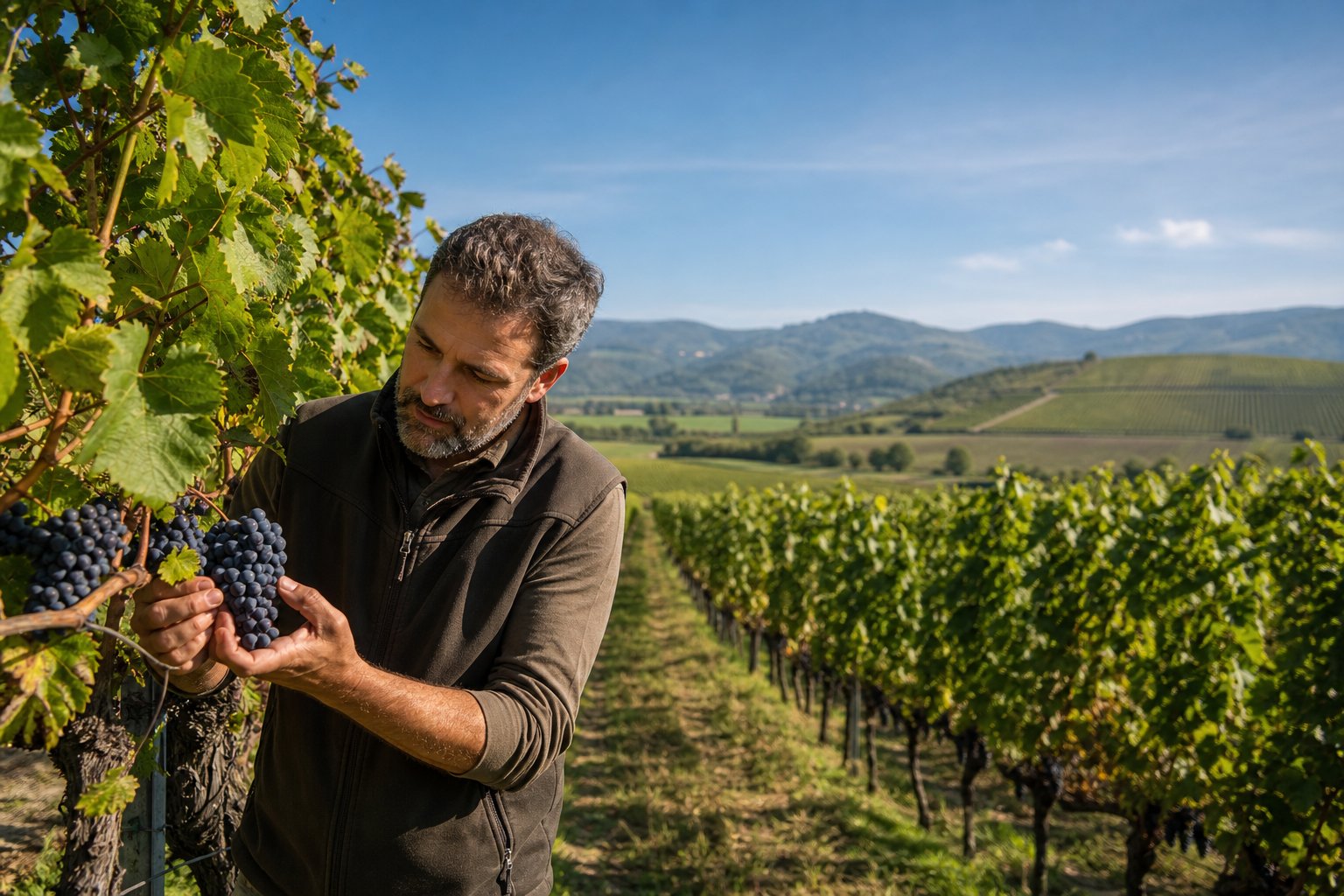 Weinbauer inspiziert Weinreben in einem hügeligen Weinberg in der Franciacorta-Region.