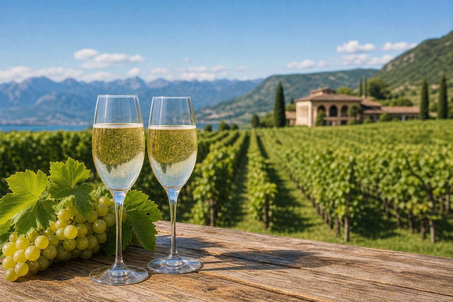 Weinberge der Franciacorta-Region mit Gläsern gefüllt mit Schaumwein auf einem Holztisch, im Hintergrund sanfte Hügel und ein Weingut.