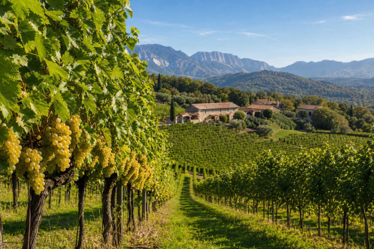 Weitläufige Weinberge mit reifen Trauben und sanften Hügeln, im Hintergrund traditionelle Bauernhäuser und Berge unter klarem Himmel.