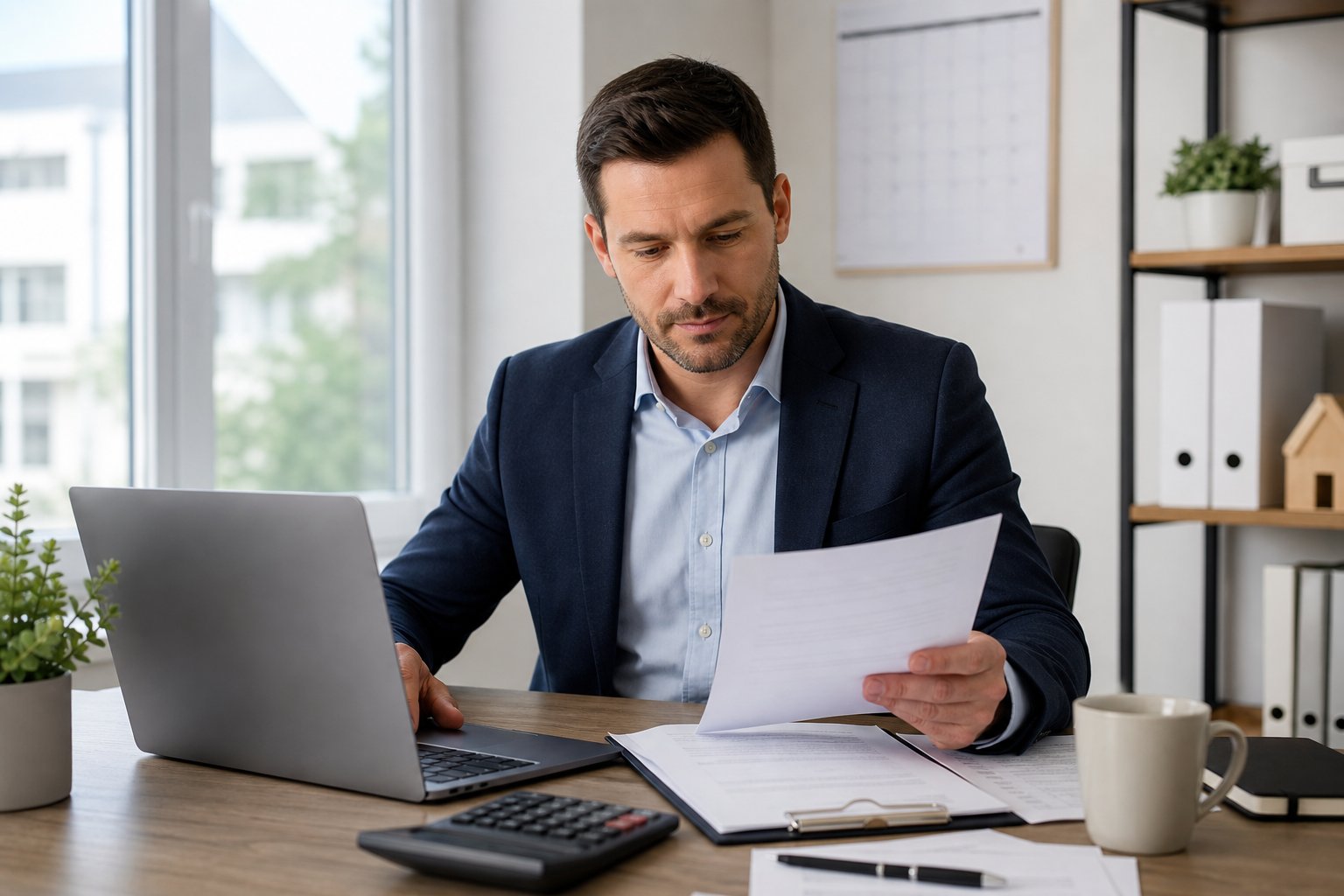 A person reviewing lease documents and payment records at a desk in an office.
