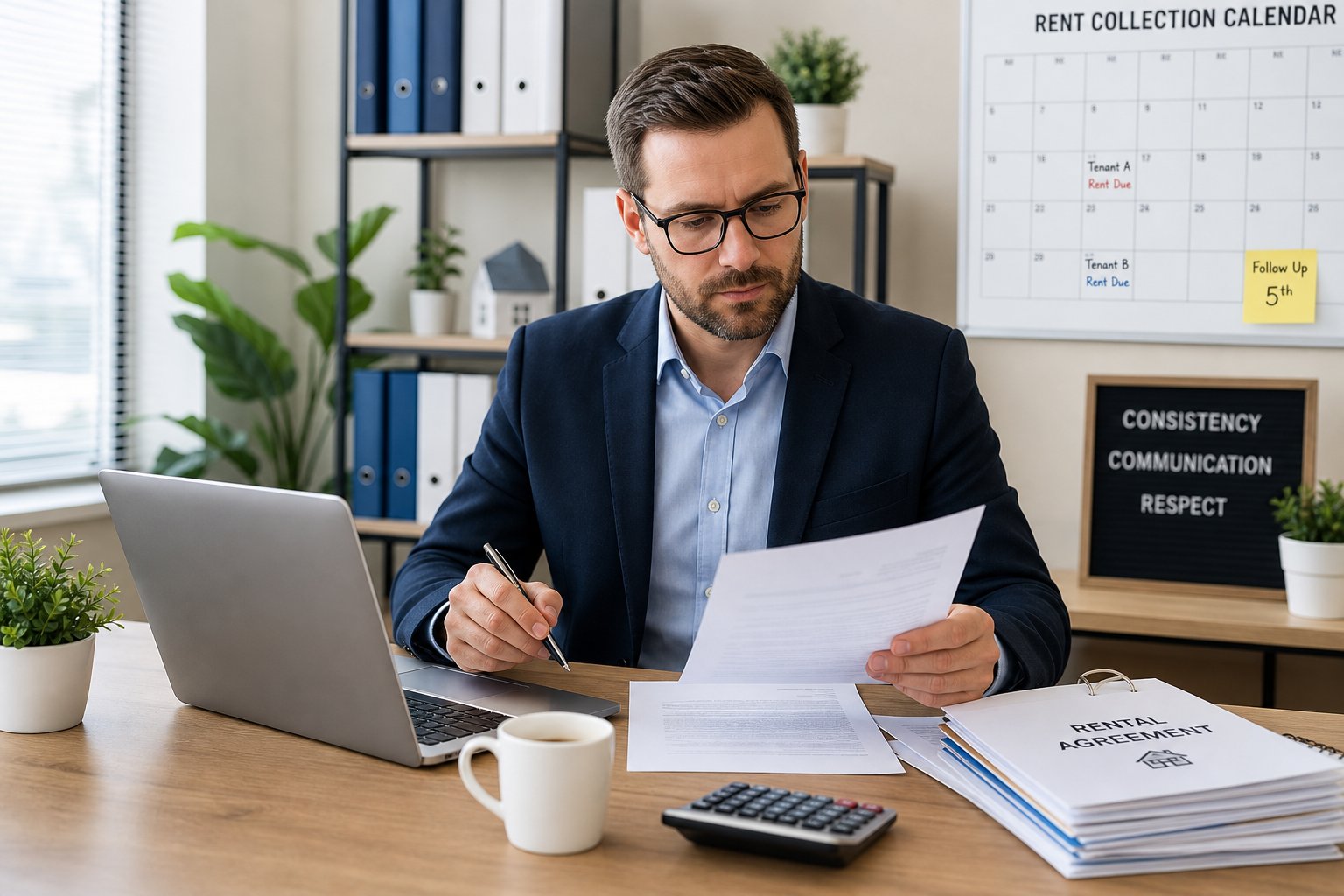 A person at a desk reviewing rental documents in an office with a laptop, papers, and a calendar on the wall.
