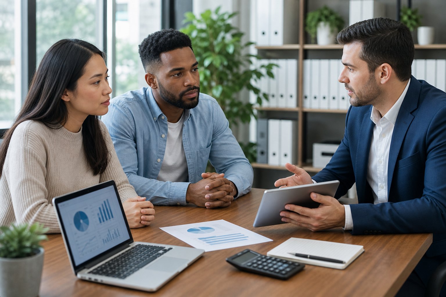 Three people in an office discussing payment options at a table with documents and a laptop.