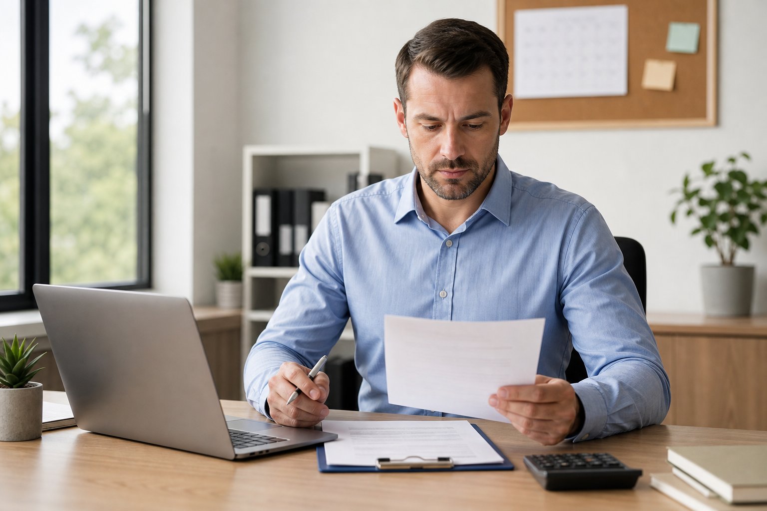 A person in business casual clothes sitting at a desk reviewing documents with a laptop and calculator in a bright office.