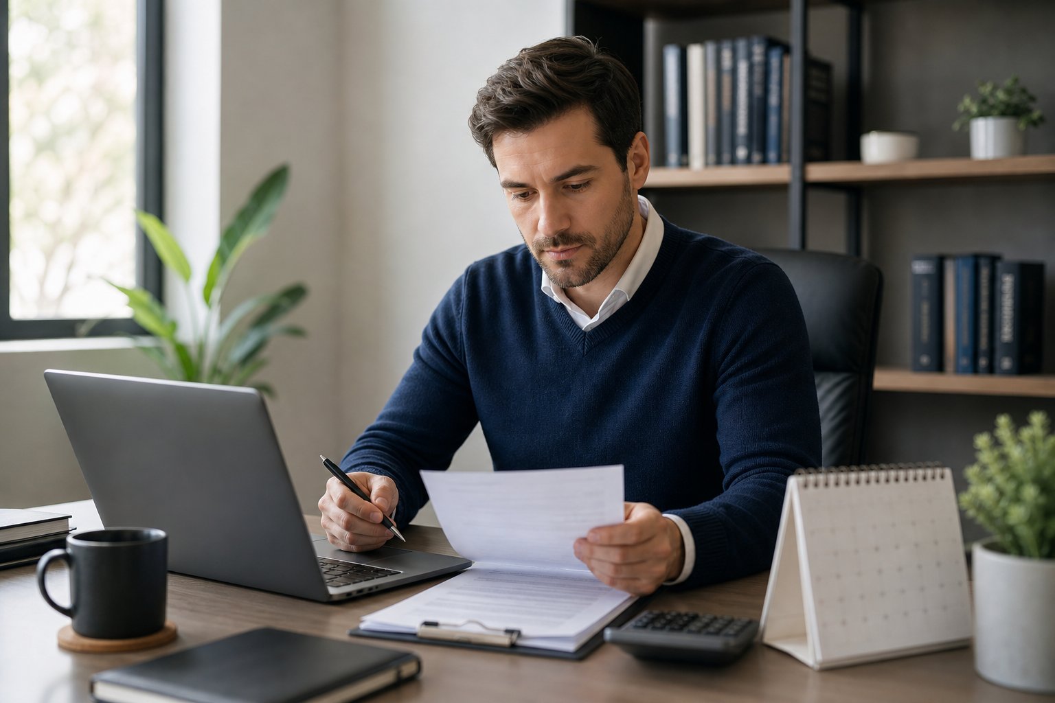 A businessperson sitting at a desk reviewing documents with a laptop and calculator in a professional office.