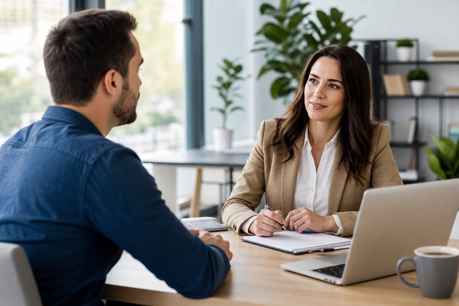 A landlord and tenant having a calm conversation in a bright office with a laptop and paperwork on the desk.