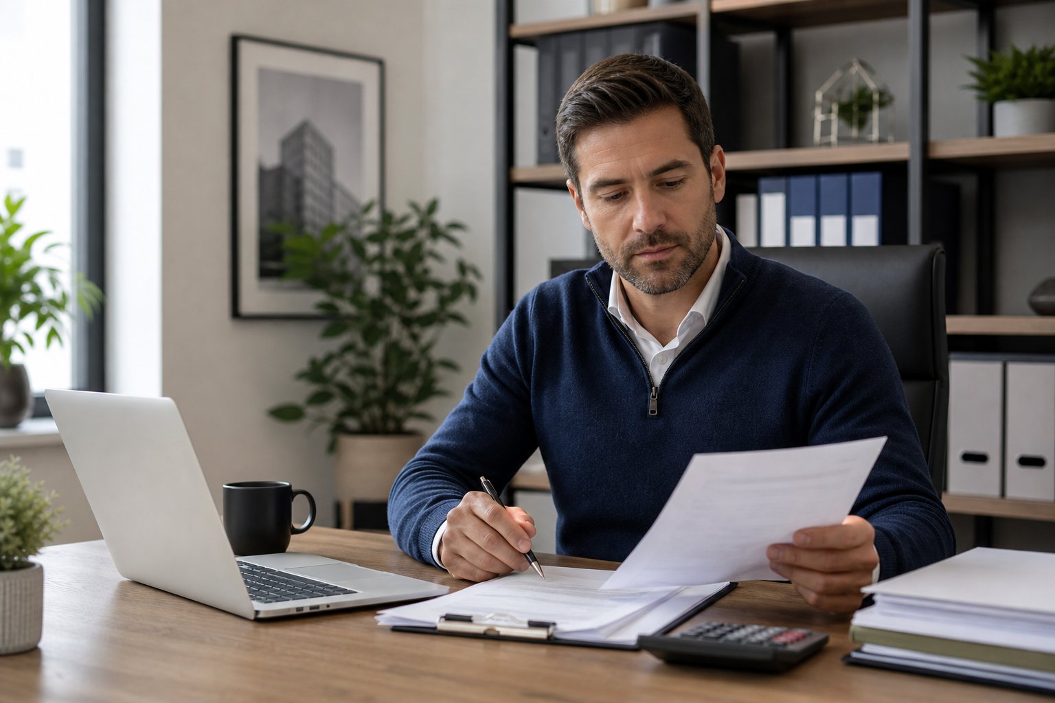 A person in a business casual outfit sitting at a desk in an office, reviewing paperwork with a laptop and calculator nearby.