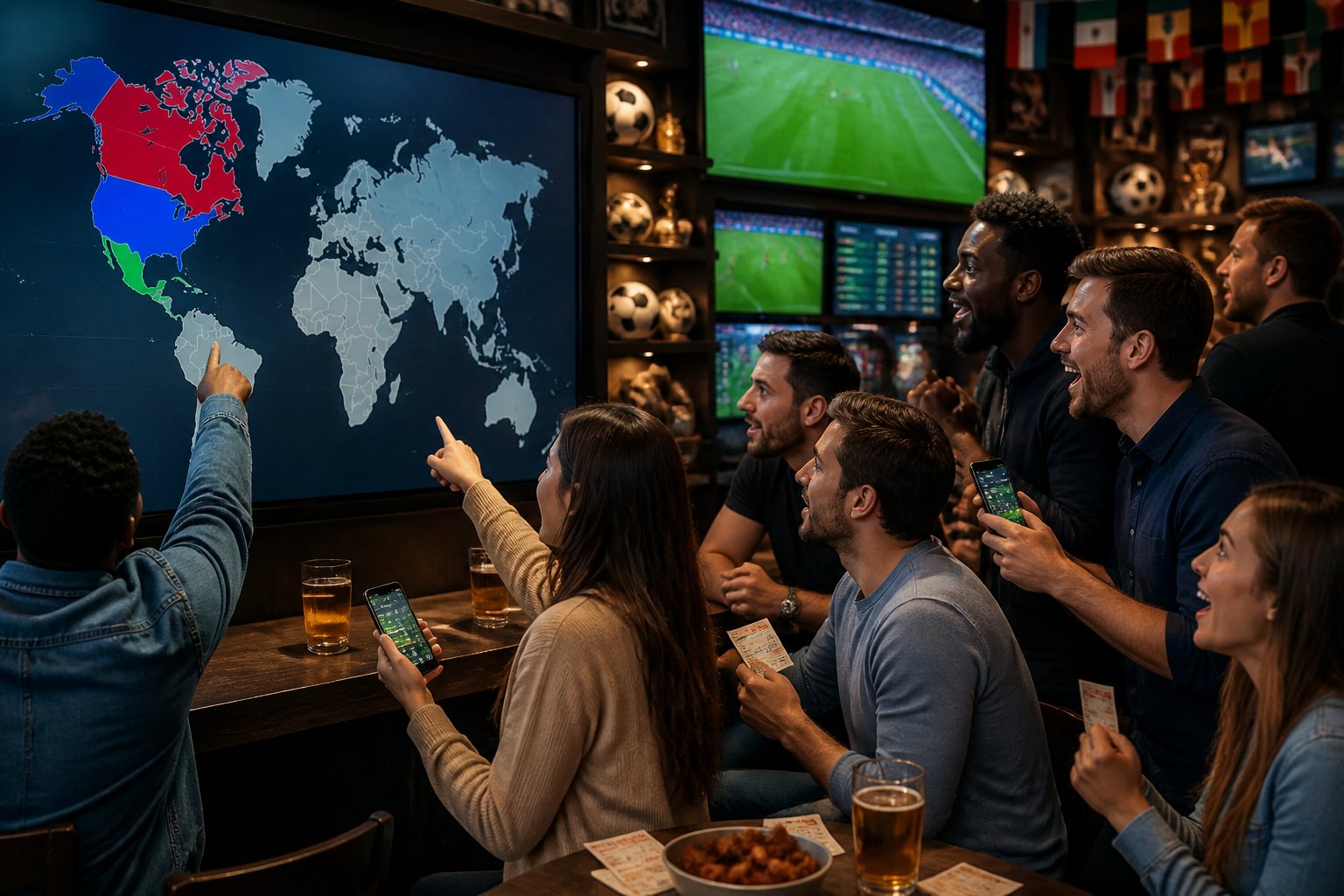 Sekelompok orang sedang menonton dan bertaruh pada pertandingan sepak bola Piala Dunia 2026 di sebuah bar olahraga yang ramai.
