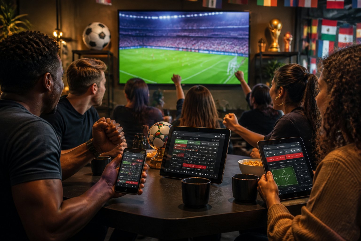 Sekelompok orang menonton pertandingan sepak bola di bar dengan perangkat digital menampilkan aplikasi taruhan terkait Piala Dunia 2026.