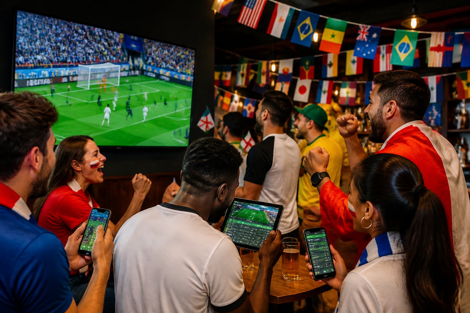 Sekelompok penggemar sepak bola yang antusias menonton pertandingan Piala Dunia 2026 di sebuah bar olahraga sambil memasang taruhan menggunakan ponsel mereka.