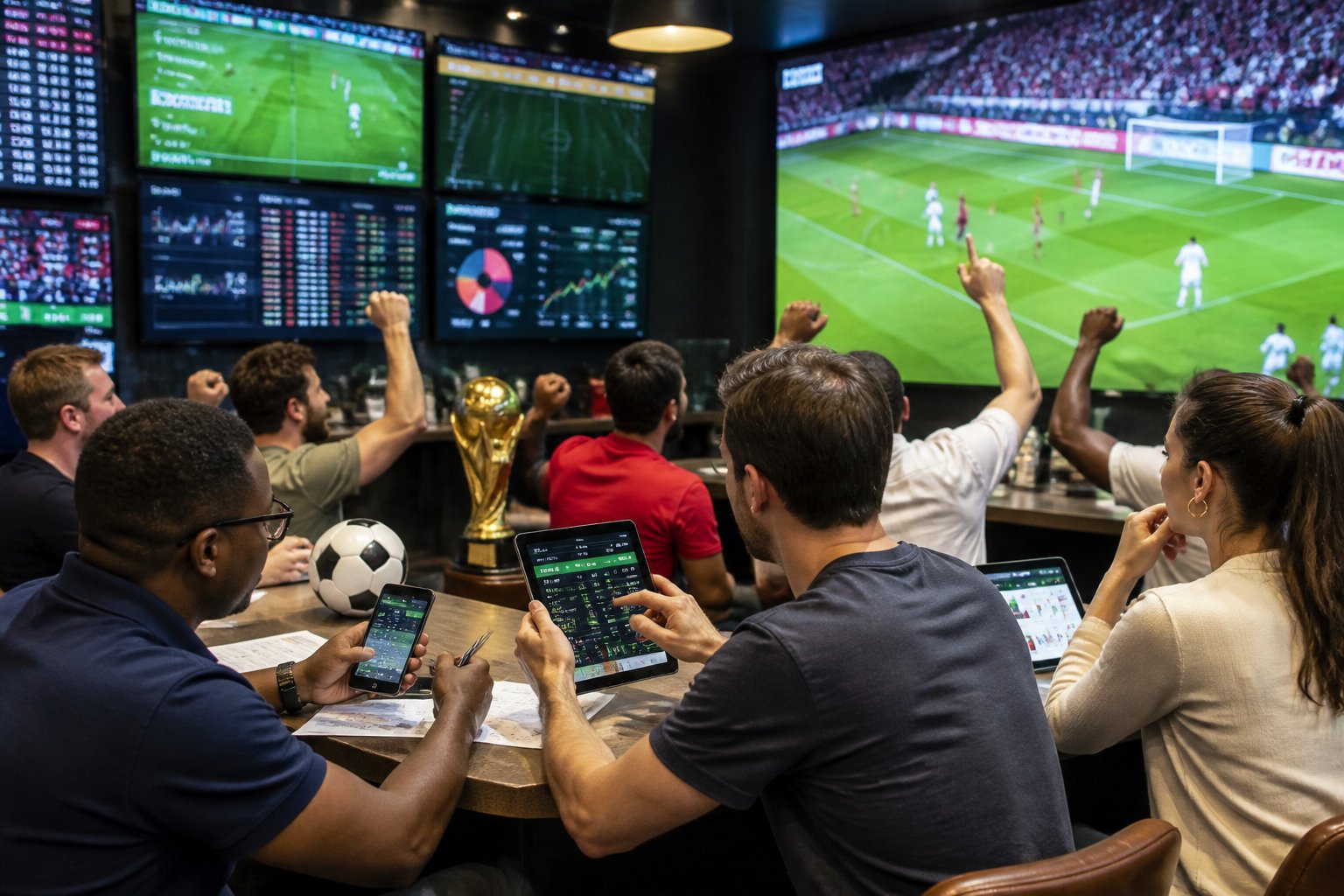 Sekelompok orang di ruang taruhan olahraga menonton pertandingan sepak bola dan menggunakan perangkat digital untuk memasang taruhan World Cup 2026.