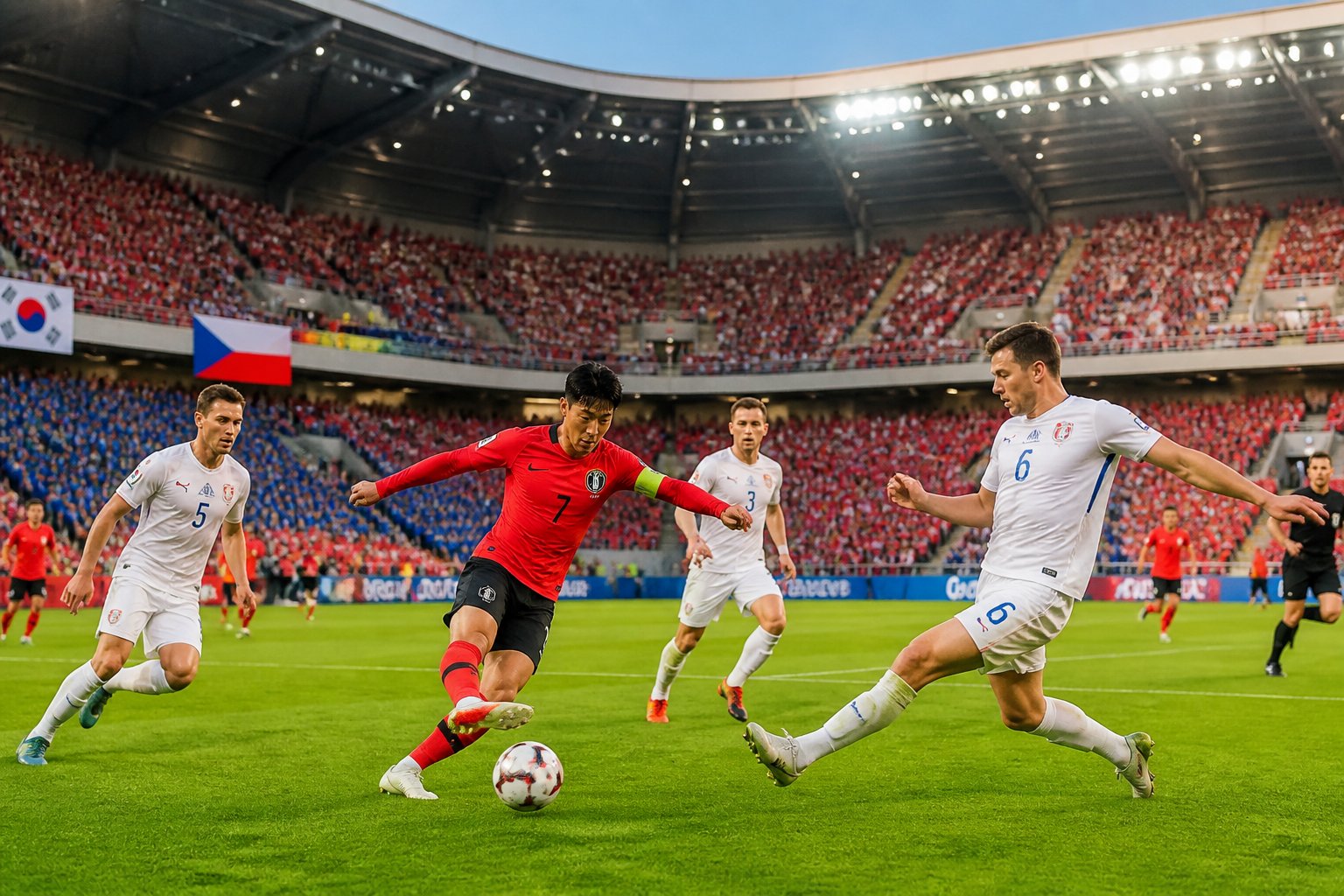 Güney Kore ve Çekya takımlarının maç yaptığı, dolu tribünlerin ve oyuncuların sahada aktif olduğu bir futbol stadyumu.
