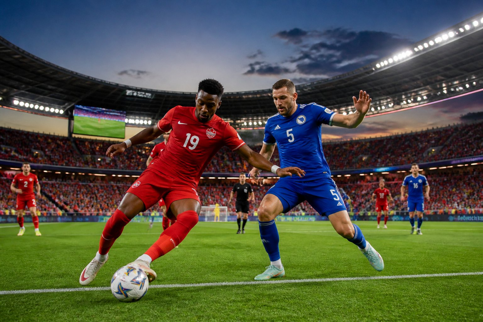Kanada ve Bosna-Hersek takımları arasında Dünya Kupası maçında saha üzerinde mücadele eden futbolcular ve tribünlerde tezahürat yapan taraftarlar.