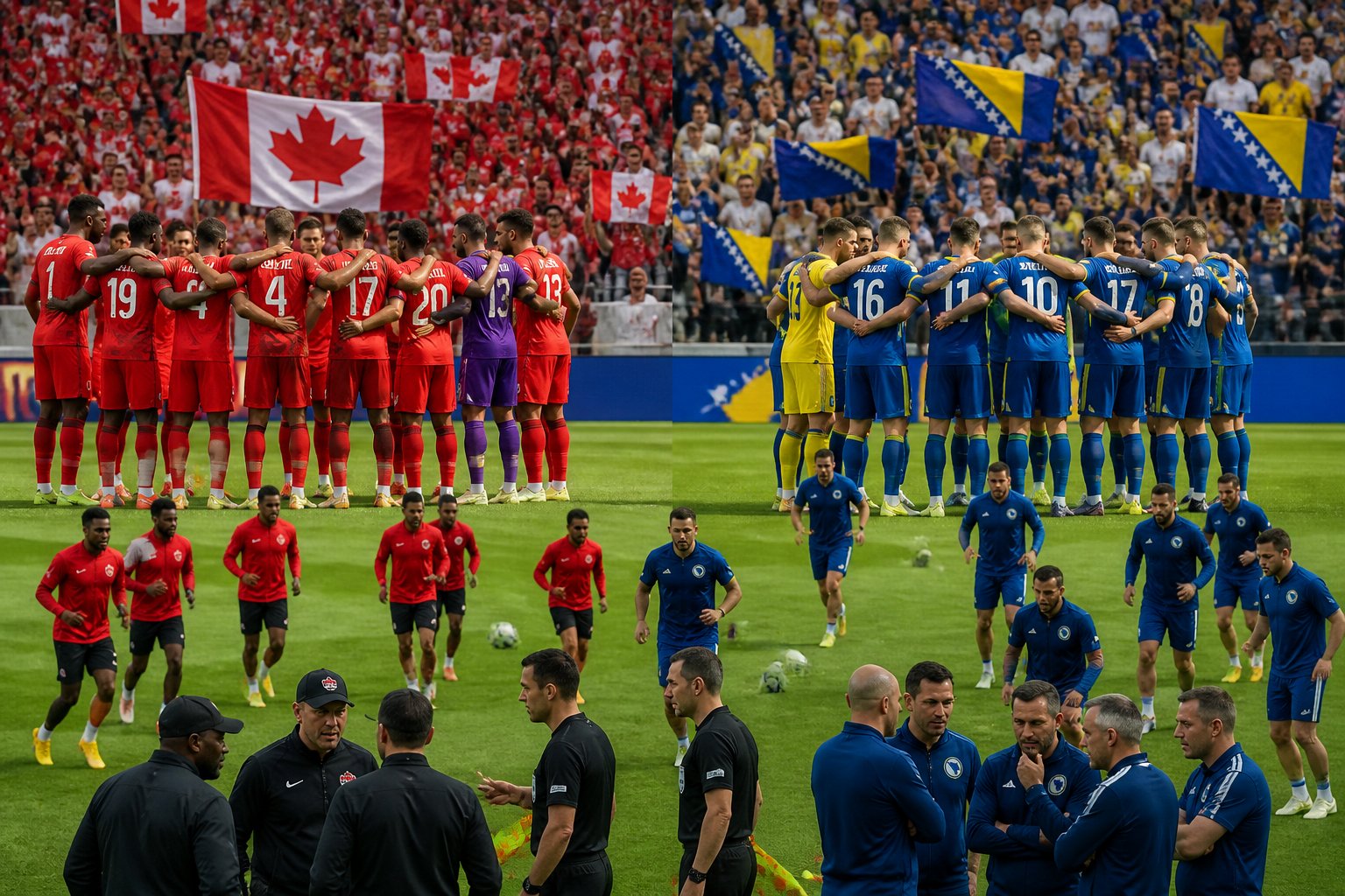 Kanada ve Bosna-Hersek takımlarının bir futbol sahasında maç öncesi hazırlık yaptığı, taraftarların stadyumu doldurduğu bir sahne.